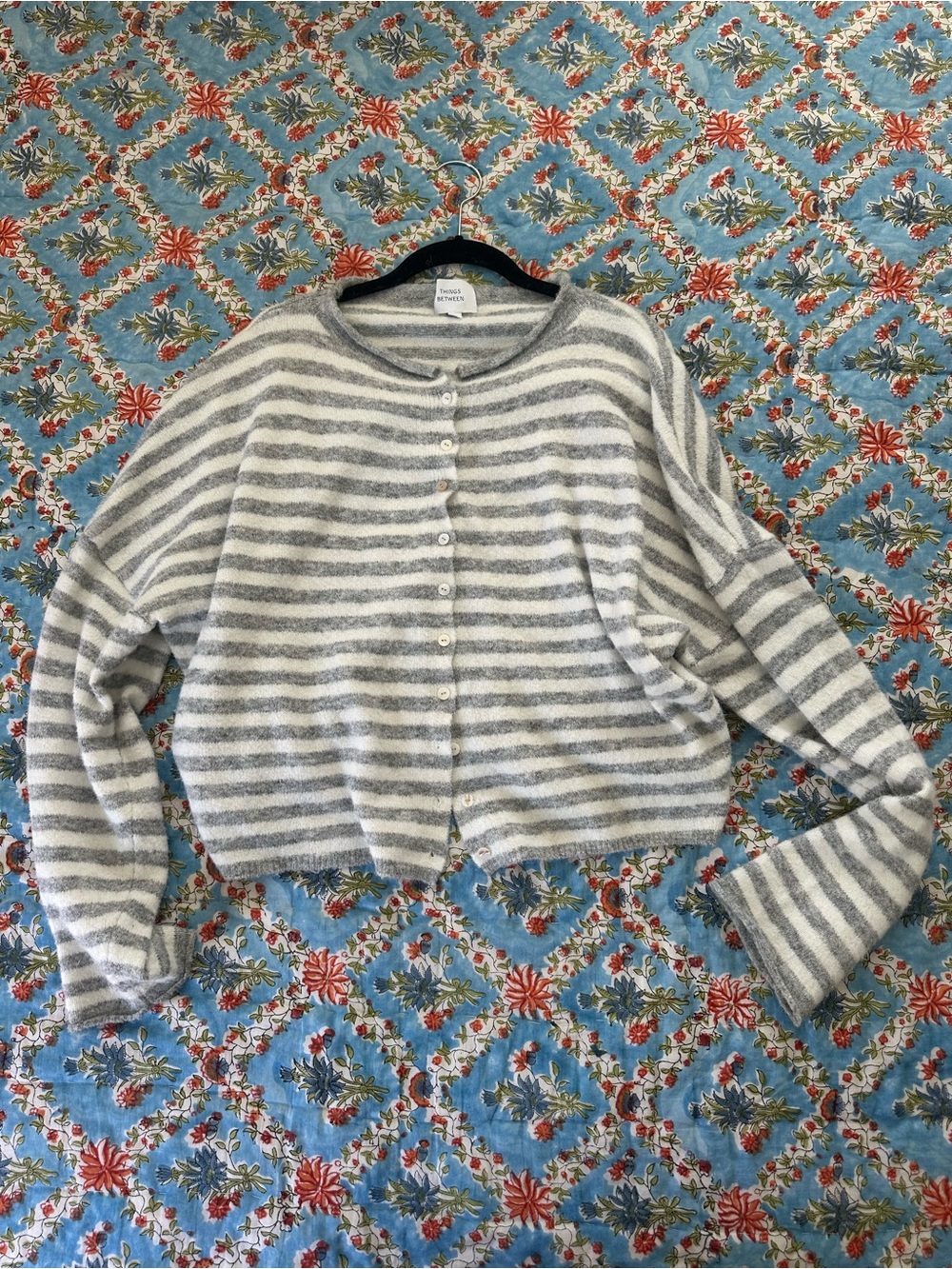 Striped Button-Front Cropped Cardigan - Gray & White